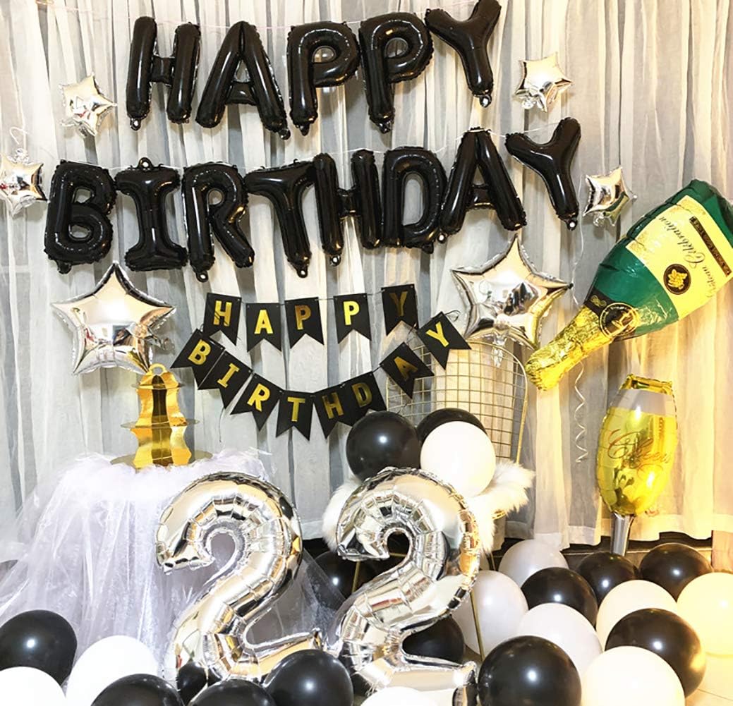 KALOR Black Happy Birthday Balloons Banner, 16 Inch Mylar Foil Letters Balloon Sign for Women, Men, Boys & Girls Kids Birthday Decorations Photo Backdrop