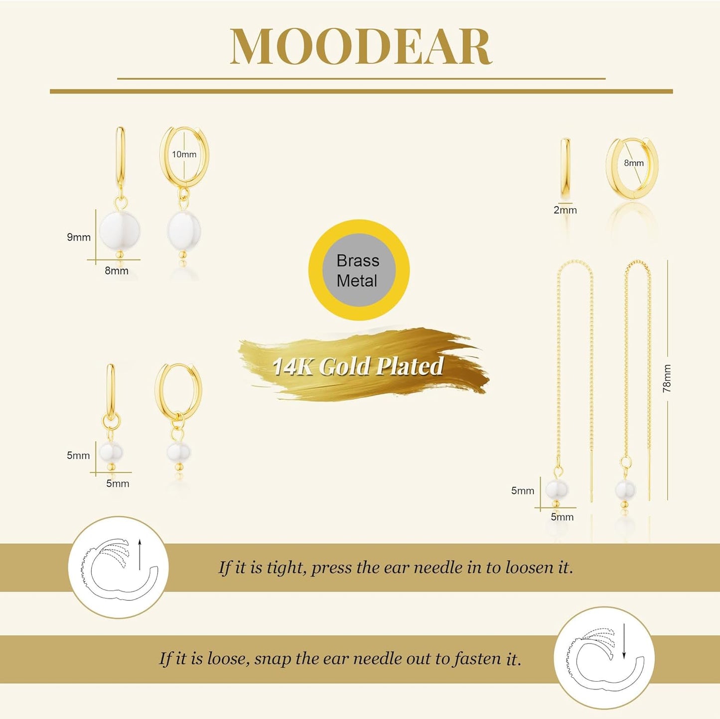 Moodear Gold Earrings for Women No Tarnish - Trendy 14K Gold Plated Pearl Hoop Studs Chain Earrings Stacks for Women Wedding Jewelry Gift