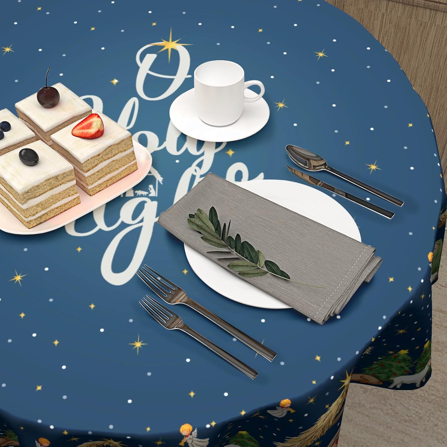 Giwawa 60inch Xmas Decorative Round Tablecloth Blue Holy Night Table Cloth for Kitchen Dining Washable Stain Resistant Polyester Table Cover for Holiday New Year Picnic Indoor Outdoor