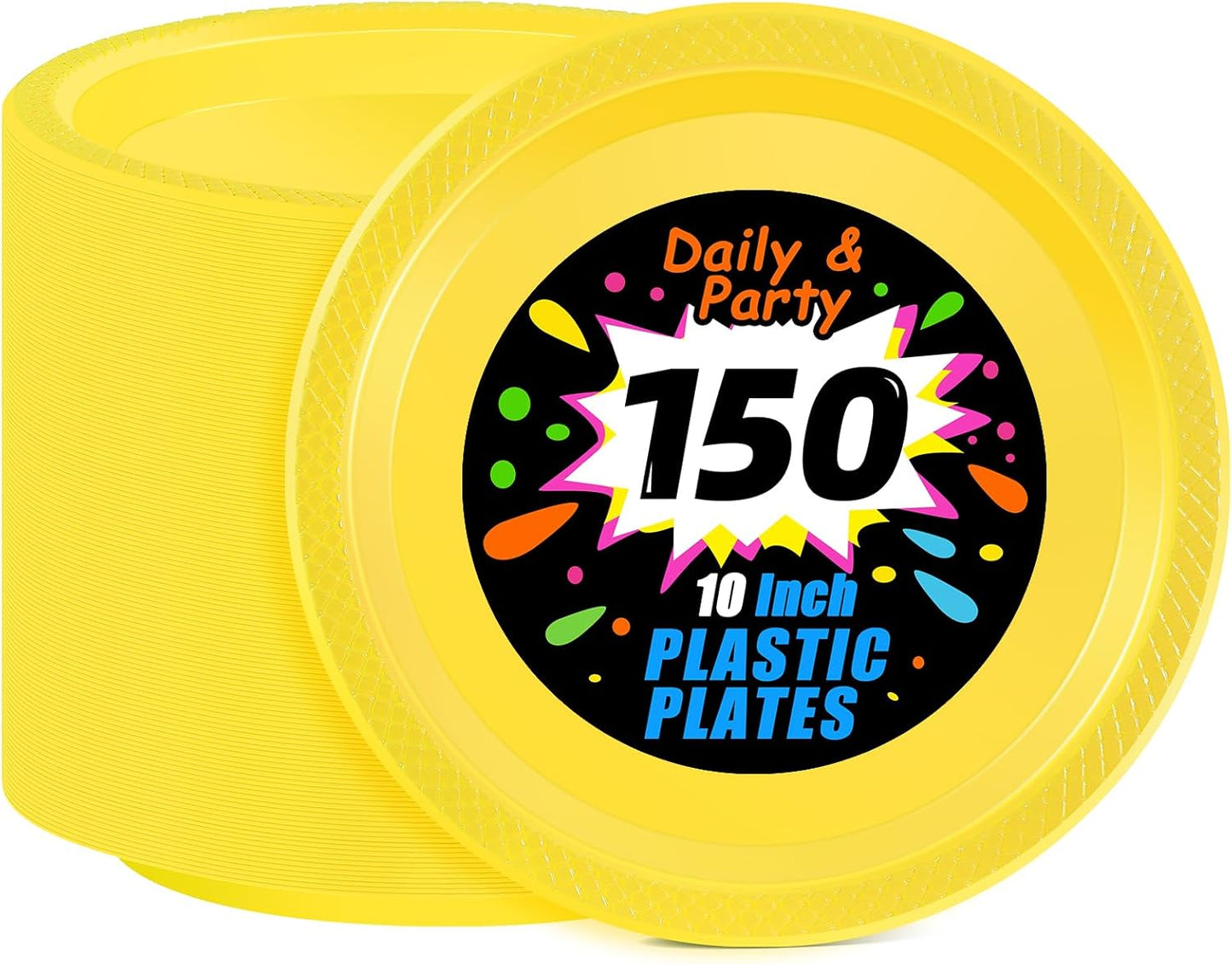 WELLIFE Yellow Plastic Party Plates 10 Inch -150 Count, Disposable Plastic Dinner Plates for Easter Spring Parties Mother's Day Picnic BBQ