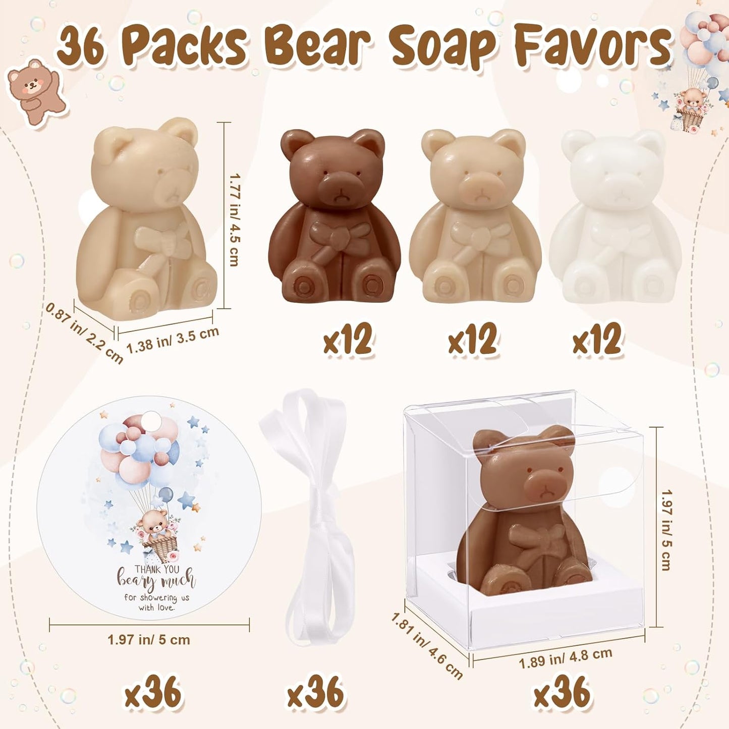 Geosar 36 Pack Bear Christmas Favors Bear Soap Gift with Thank You Cards and Boxes for Baby Shower Decoration Guest Gift Wedding Party Bridal Favors Supplies(White Brown)