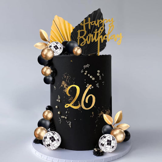 40Pcs Black Gold Balls Cake Topper Man Cake Decorations with Disco Balls Palm Leaves Acrylic Numbers 0-9 and Happy Birthday Cake Topper for Men Boy Black Theme Birthday Baby Shower Party Supplies