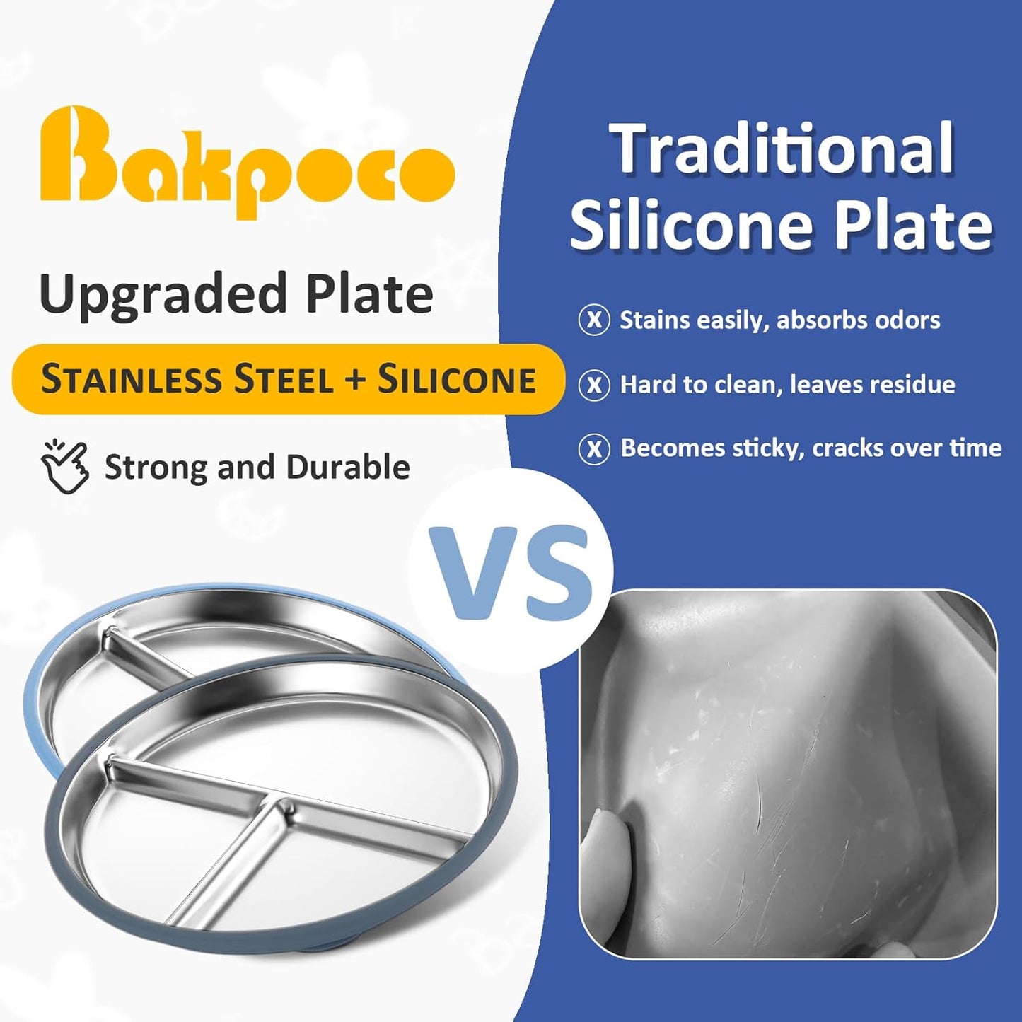 Stainless Steel Suction Plates for Toddlers, 9" Divided Kids Baby Plates with Removable Silicone Suction, Non Toxic Non Slip Portion Control Snack Dishes 3 Packs, Blue Gray Navy