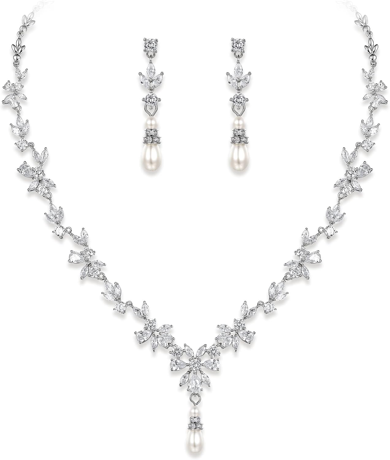 Crysdue Wedding Jewelry Set for Women, Floral Leaf Vine Teardrop Necklace Dangle Earrings Bracelet and Hair Comb, Cubic Zirconia Elegant Party Prom Jewellery for Bridal Bridesmaid