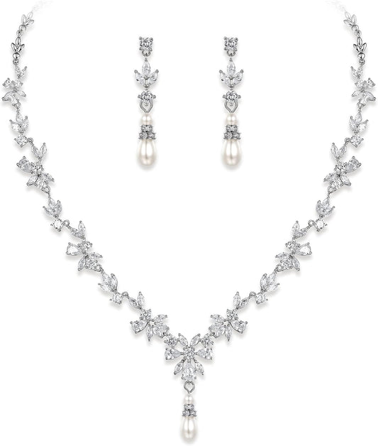 Crysdue Wedding Jewelry Set for Women, Floral Leaf Vine Teardrop Necklace Dangle Earrings Bracelet and Hair Comb, Cubic Zirconia Elegant Party Prom Jewellery for Bridal Bridesmaid