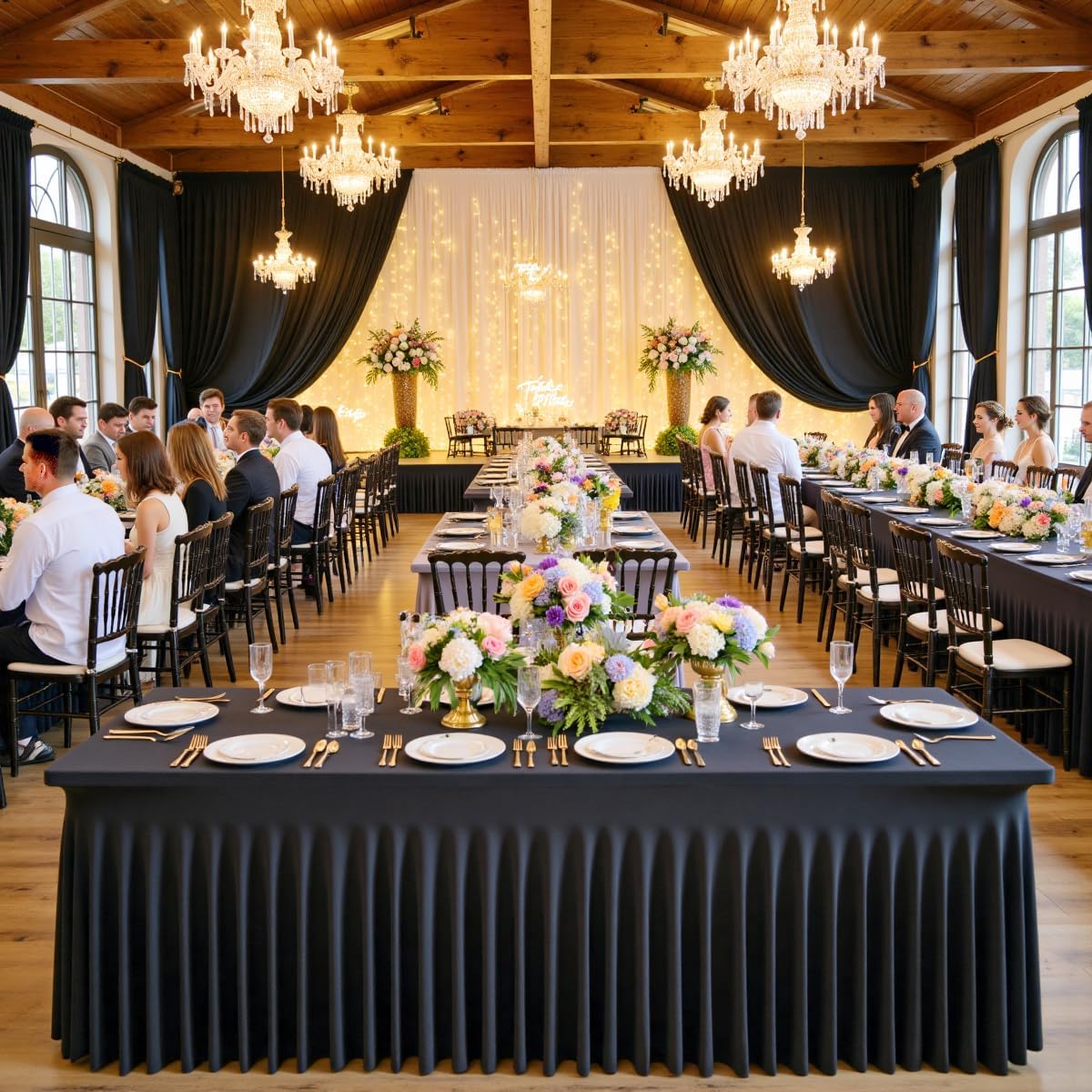 Outpain Spandex Tablecloth for 6 Foot Rectangle Tables, 2 Pack Black Wrinkle Free Fitted Table Cloths 6ft Stretchy Banquet Table Clothes Cover Desk Skirt for Birthday Wedding Parties Baby Shower