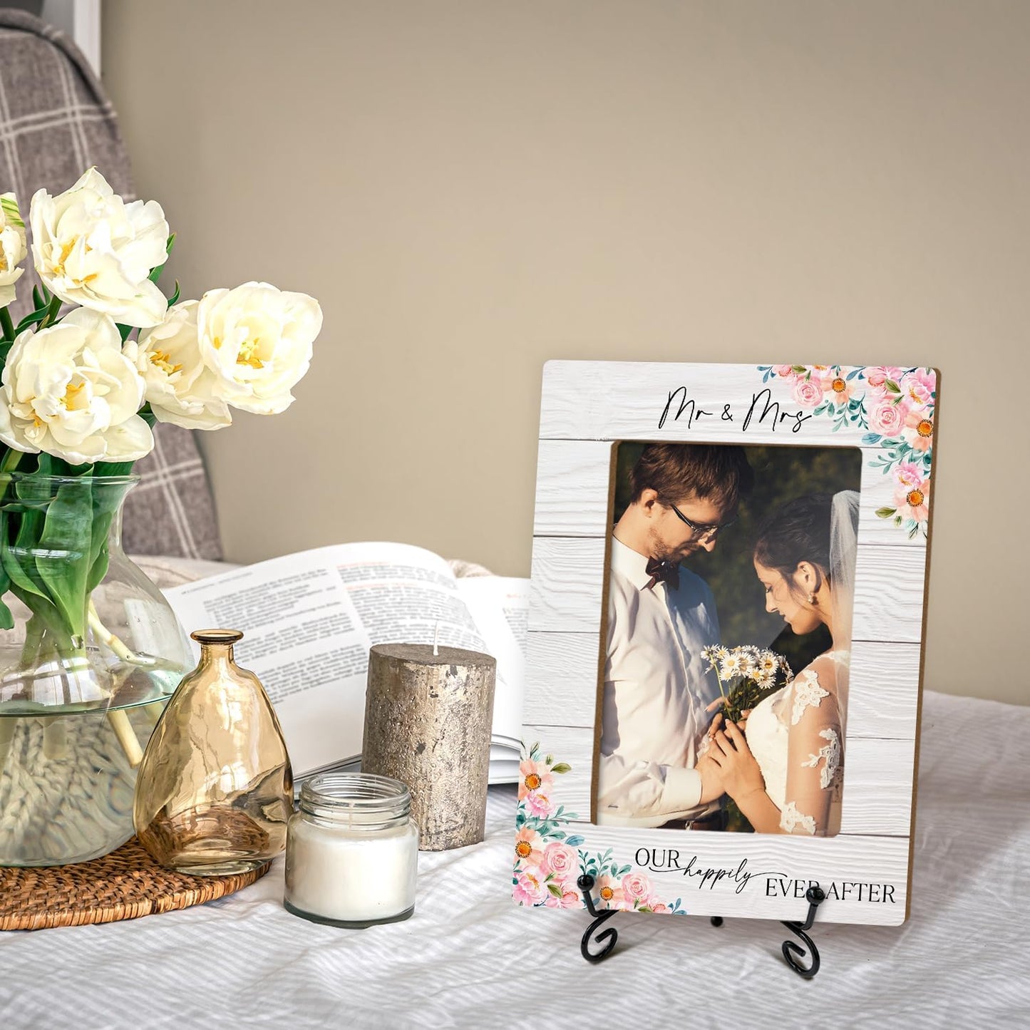 Mr & Mrs Wedding Picture Frame, Wedding Engagement Gifts For Newlyweds Couple Bride Groom, 4x6 Wooden Picture Frame Tabletop Display Home Decor -10