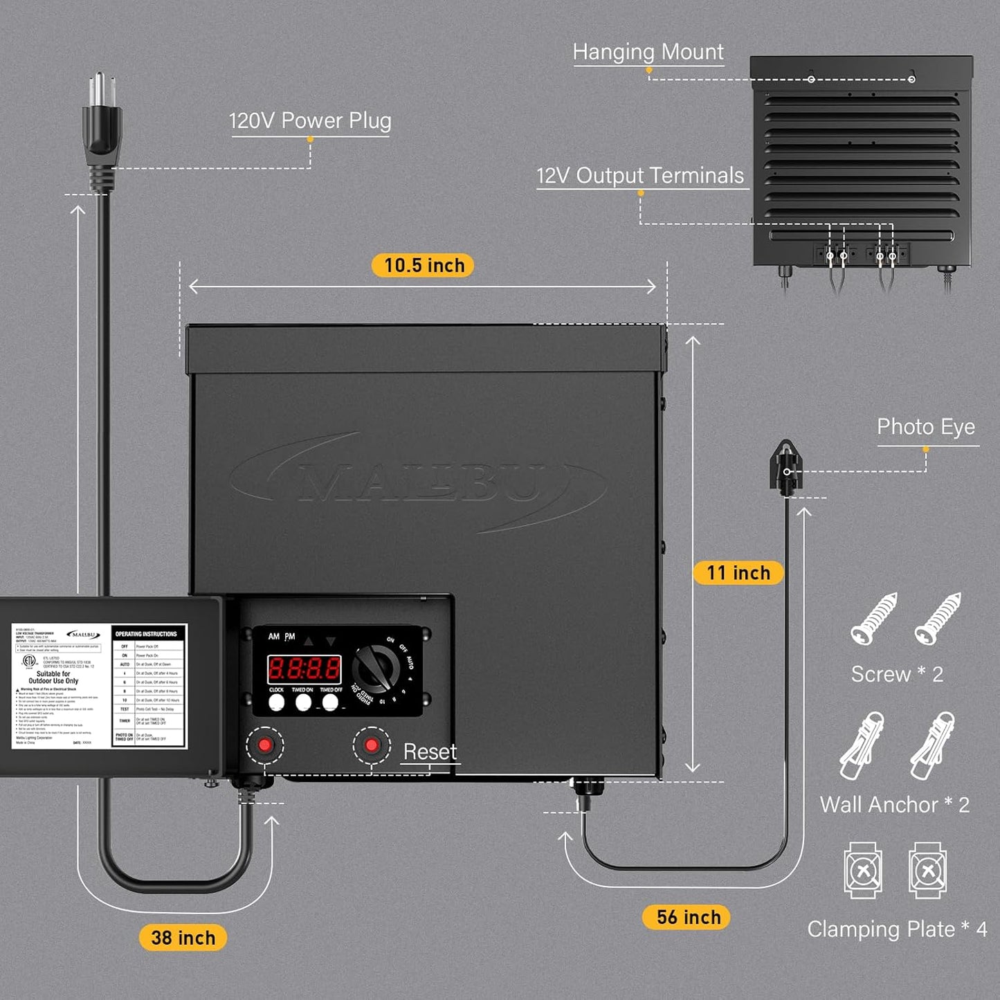 MALIBU 600W Low Voltage Transformer Outdoor Landscape Lighting Transformer 120V AC to 12V AC with Sensor and Weather Shield for Garden LED Lighting, Spotlight, Pathway Light, ETL Listed