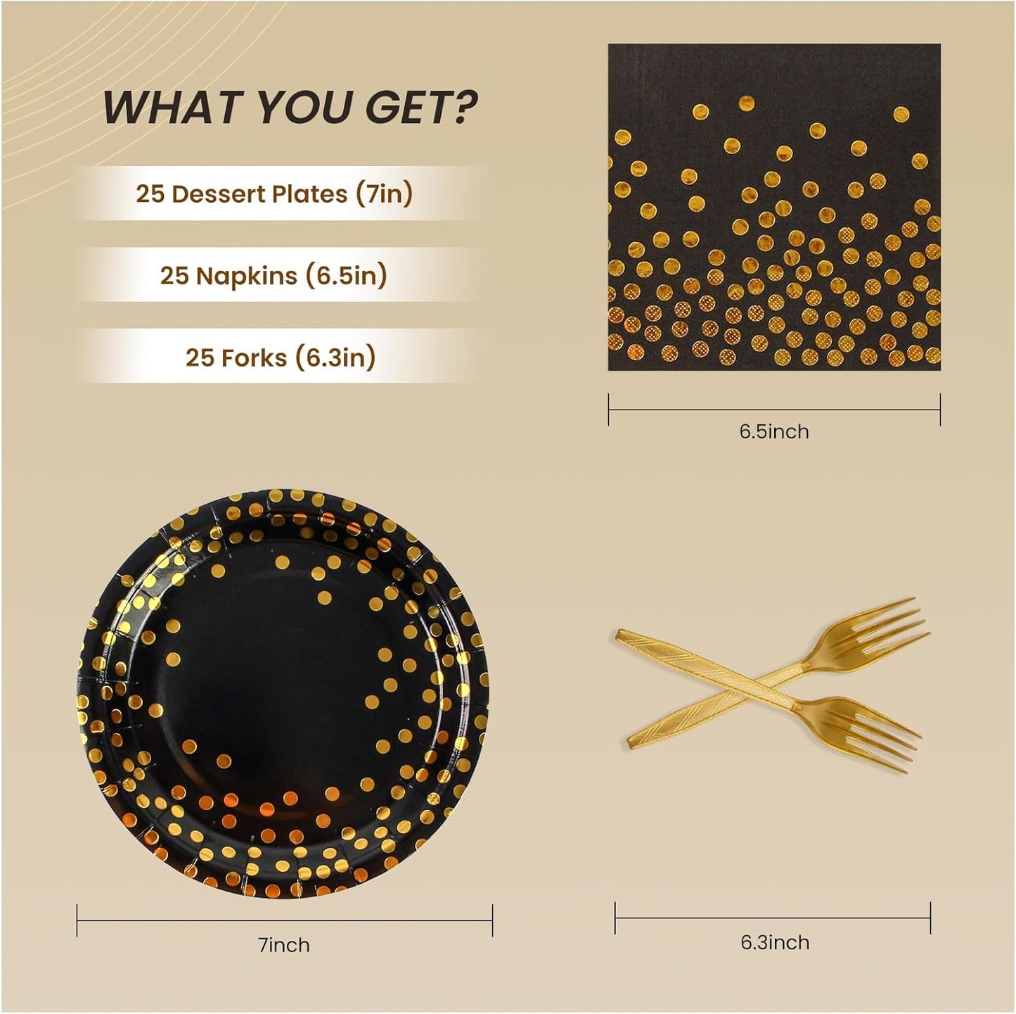 75PCS Paper Plates and Napkins Set - Black and Gold Dot Disposable Party Dinnerware Includes Paper Plates, Napkins, Forks Decorations for 2025 Graduations, Birthdays and Weddings, Serves 25