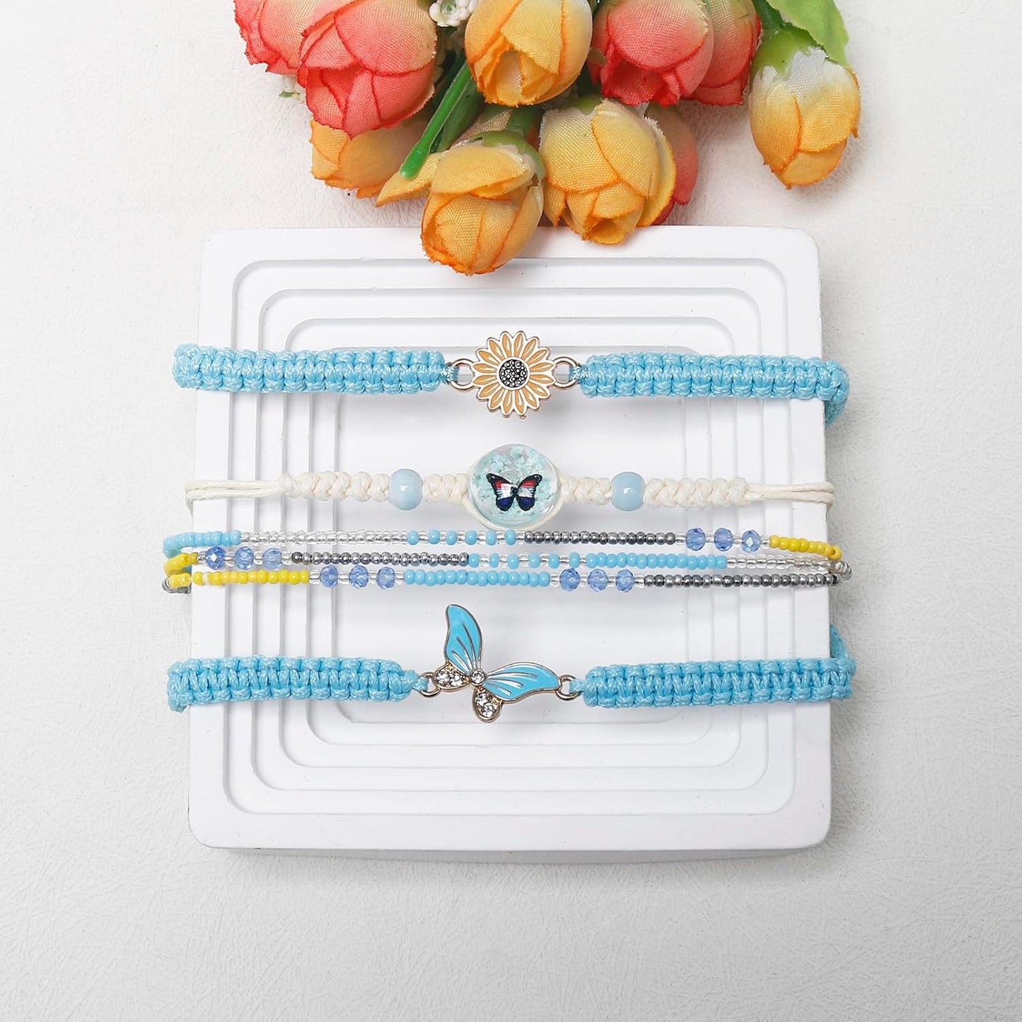 DS 4PCS String beads Charm Bracelets for Teen Girls Dainty cute cartoon Butterfly Daisy Eternal flower Beads Bracelets set for woman and girls Adjustable Stretch bracelet birthday Gift For Friends