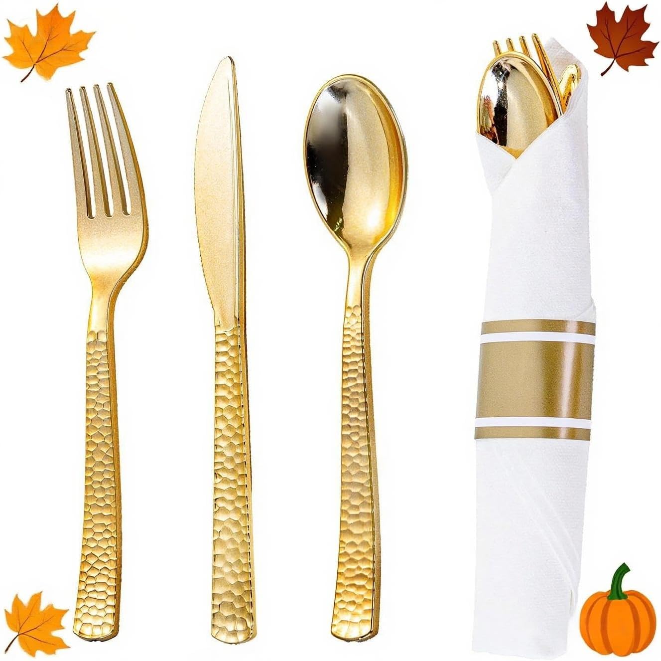 WELLIFE 50 Pack Gold Plastic Silverware with Pre Rolled Napkins,Gold Disposable Utensils, Includes: 50 Forks,50 Knives,50 Spoons,50 Napkins,gold Silverware Disposable for Thanksgiving