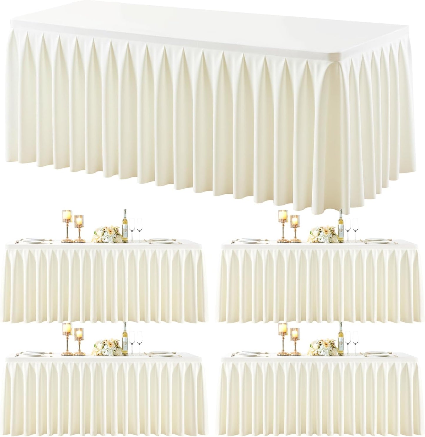 4 Pack Ivory Rectangle Tablecloth 6 FT Stretch Spandex Fitted Table Cloth for 6 Foot Rectangle Tables Banquet Tablecloths Wrinkle Free Table Cover Skirt Ruffle Tablecloth for Party Wedding Birthday