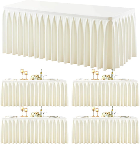 4 Pack Ivory Rectangle Tablecloth 6 FT Stretch Spandex Fitted Table Cloth for 6 Foot Rectangle Tables Banquet Tablecloths Wrinkle Free Table Cover Skirt Ruffle Tablecloth for Party Wedding Birthday