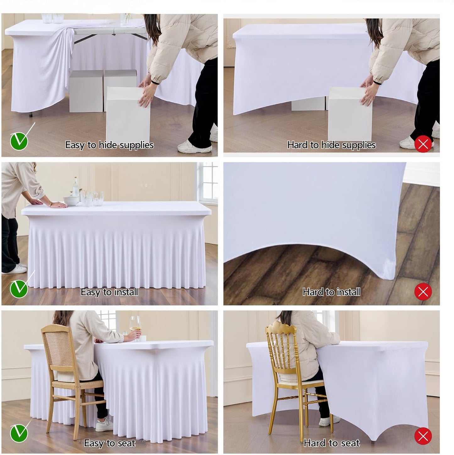 leegleri 12 Pack White Spandex Fitted Table Clothes for 6 Foot Rectangle Tables, Wrinkle Free 6ft Spandex Table Cover with Skirt for Banquet Weddings Parties