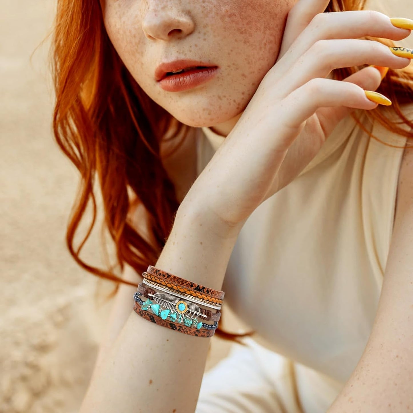 Fesciory Leopard Bracelet for Women, Boho Leather Wrap Multi-Layer Pearl Crystal Bracelet Bangle Jewelry