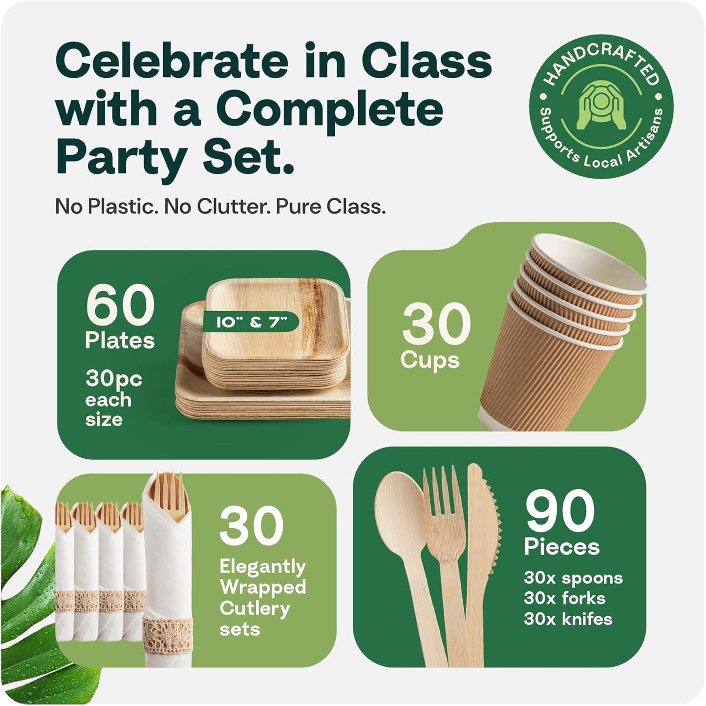 Palm Leaf Bamboo Plates & Pre-Rolled Bamboo Cutlery Party Set - 10 & 7'' Compostable Plates Elegant Pre-Rolled Utensils, Napkins , Cups for Weddings, Events, and Special Occasions For 30 Guests
