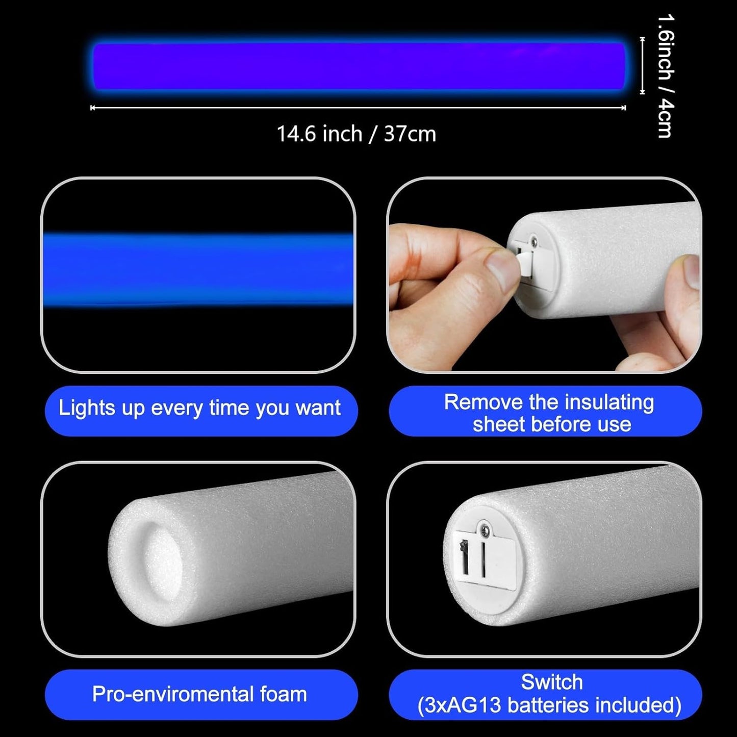 Blue Glow Foam Wand, 36 Pcs Giant LED Light Up Sticks Flashing Glowing Baton Wands Party Supplies for Wedding, Raves,Concert,Birthday,Christmas, Halloween,Sporting Events