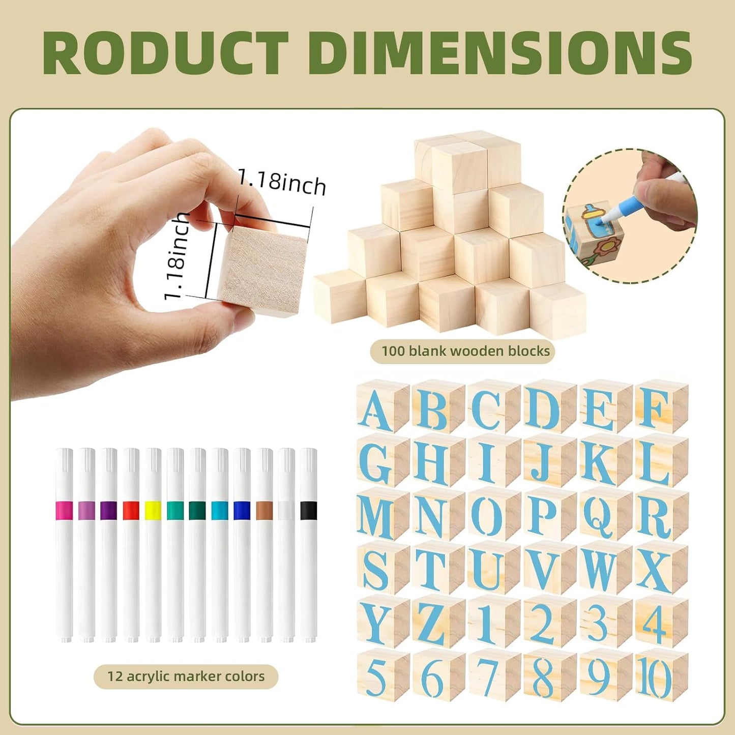 100 Pcs Baby Shower Game Sign Kit Baby Showers Block to Decorate Includes 100 DIY Wooden Blocks 1 Game Sign 12 Colors Pens 76 Templates to Paint Babys Showers Prize for Gender Reveals Party