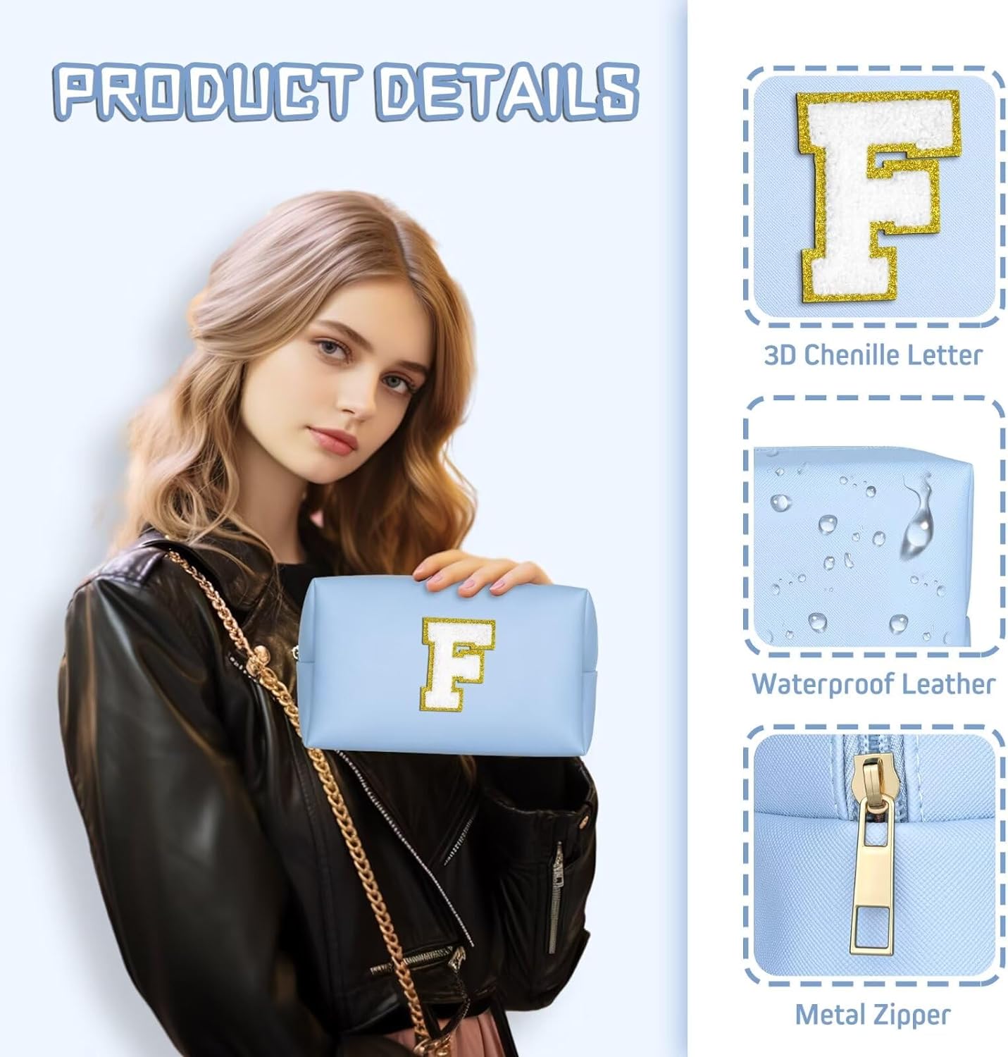 TOPEAST Preppy Stuff Cute Makeup Bag Small Cosmetic Bag Travel Toiletry Bag, Personalized Birthday Wedding Gifts for Mom Teacher Friends Bridesmaids, Preppy Travel Stuff for Girls (Sky Blue N)