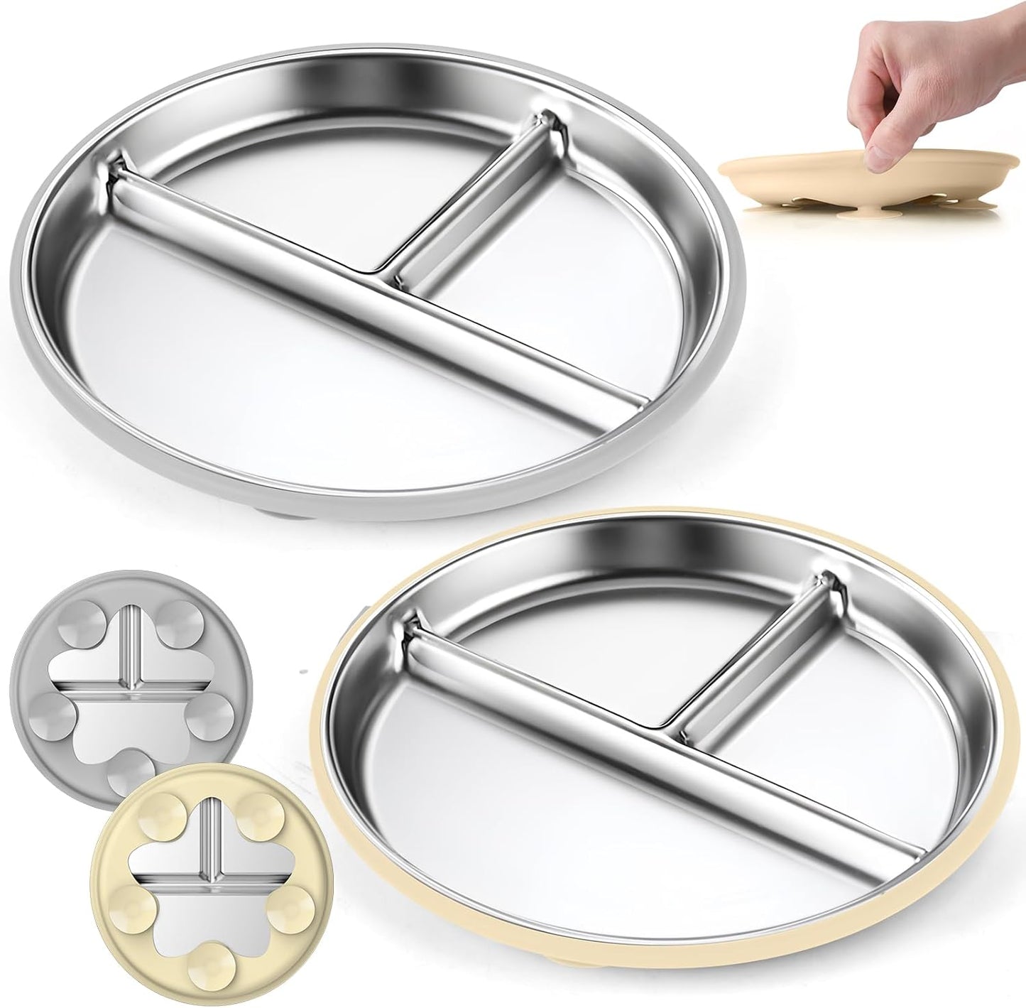 OVV Stainless Steel Kids Plates (2 Pack) – 9 Inch Toddler Divided Plates with ﻿Removable Silicone Sleeves & 5 Suction Cups Baby Self Feeding | Mess-Free Mealtime | Dishwasher Safe