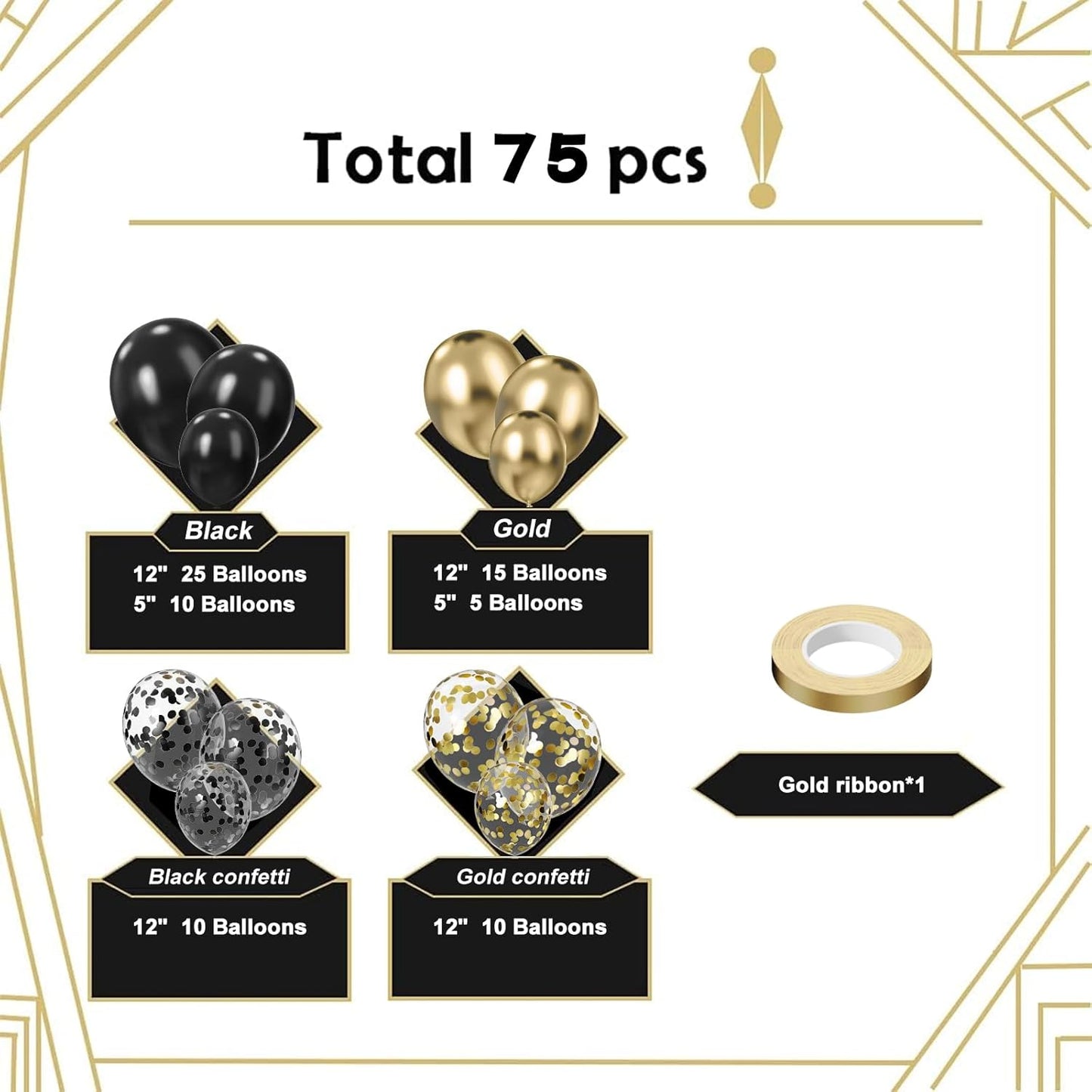 Black and Gold Balloons,75PCS Gold and Black Balloons,12in and 5in Black Gold Latex Party Balloons for Birthday, New Years, Wedding, Graduation Decorations