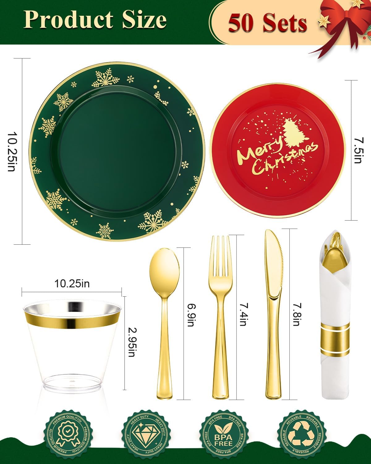 Goodluck 175 Piece Christmas Plates Sets for 25 Guests, Christmas Tableware Disposable for Party, Include 50Plates, 25Pack Pre Rolled Napkins with Silverware, 25Cups for Party, Wedding, Graduation