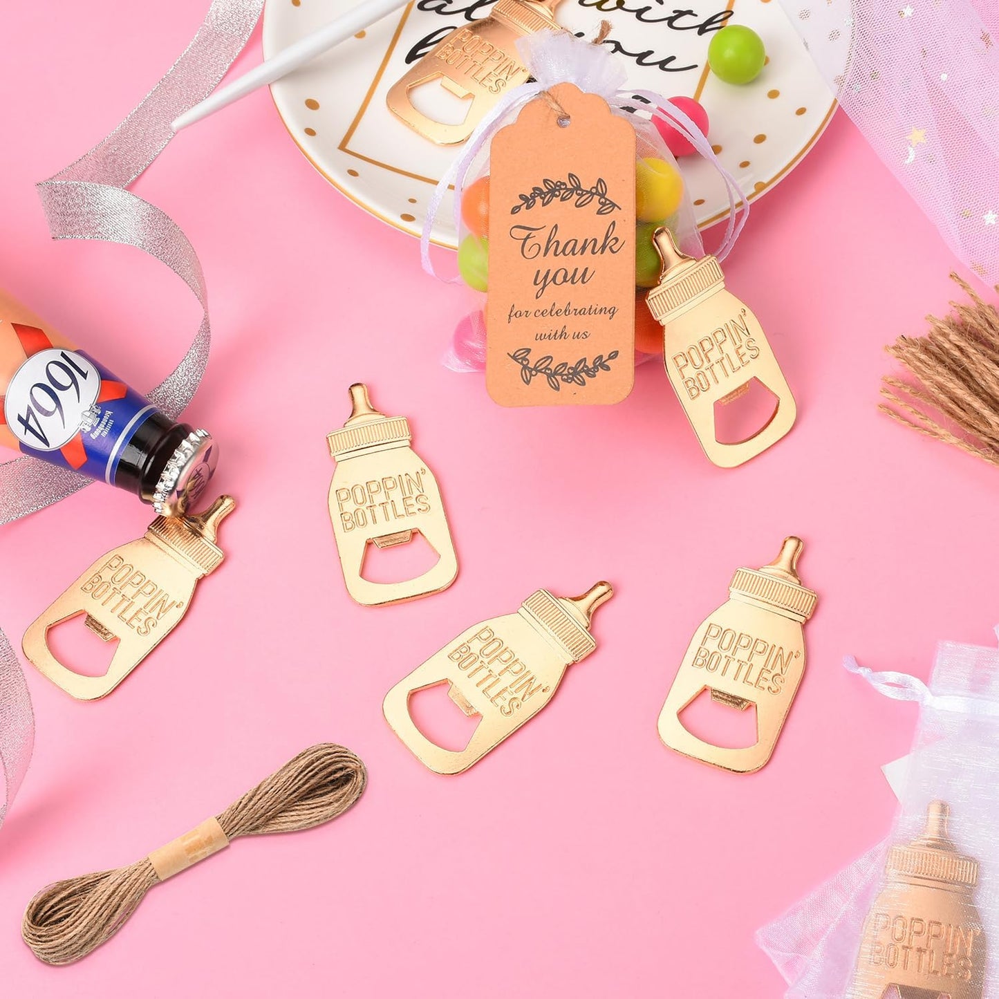 50 Pcs Popping Bottle Openers Baby Shower Party Favors for Guests, Cute Bottle Opener Decorations Souvenirs with Organza Bags, Return Gifts for Gender Reveal Wedding Party Supplies