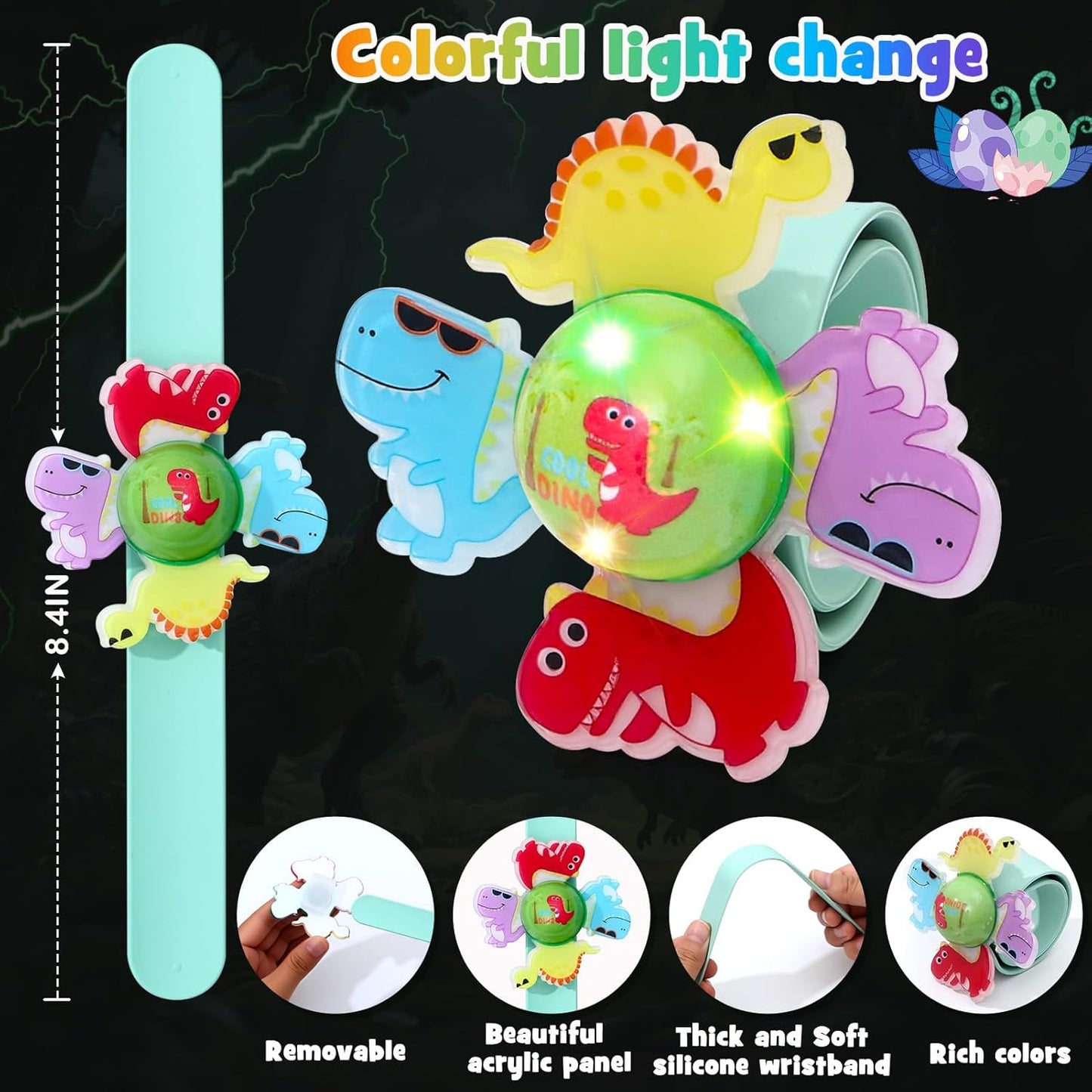 12Pcs LED Light Up Rotating Slap Bracelets Dinosaur Party Favors Glow Bracelets, Glow In The Dark Party Supplies Birthday Gifts Classroom Rewards Goodie Bag Stuffers for Kids Boys Girls