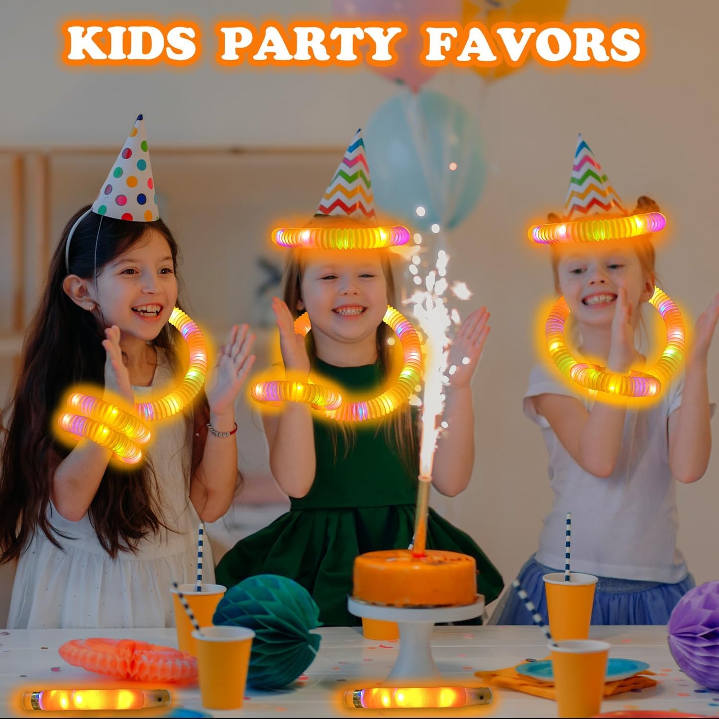 24 PCS Orange Glow Sticks Pop Tubes for kids,Light Up Glow Necklaces Bracelets Party Favors Gifts Accessories for Toddlers, Glow New Year Eve Birthday Camping Party Decorations for Boys Girls