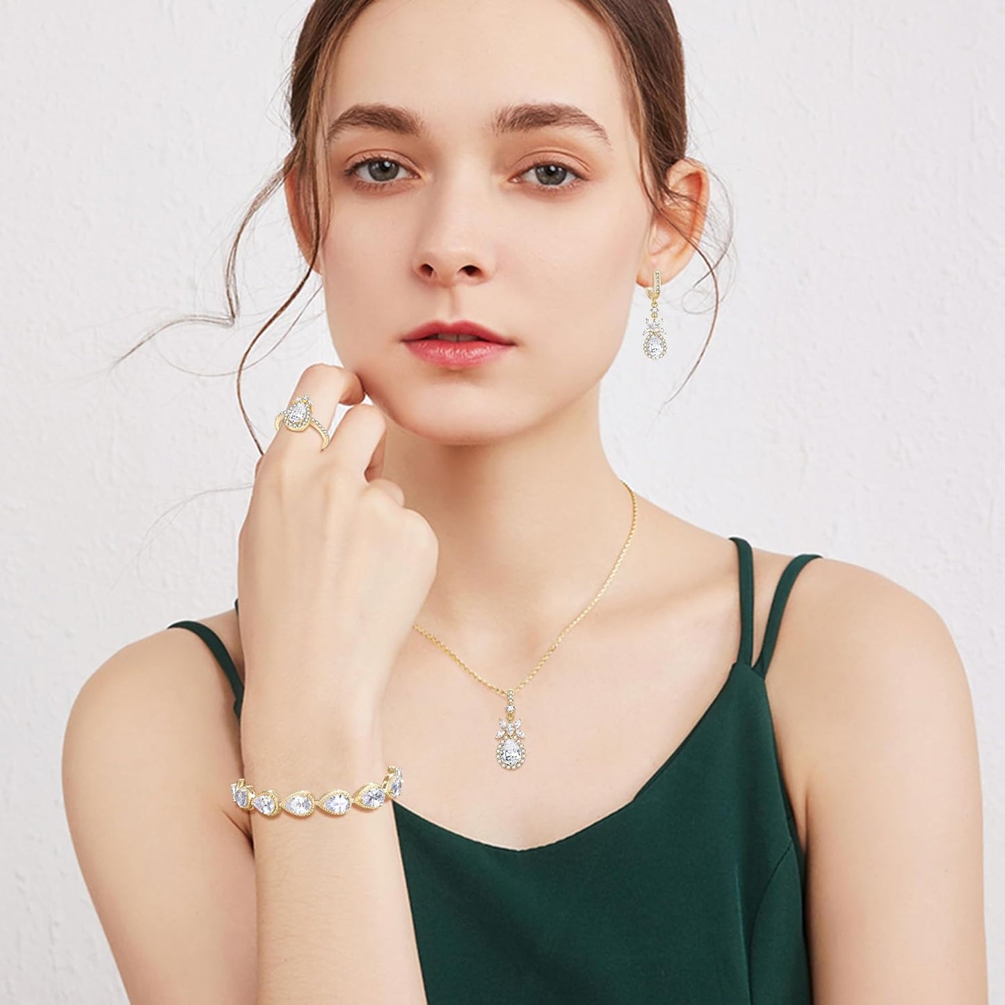 EleQueen Water Drop Pendant Necklace Long Dangle Earrings Tennis Bracelet Set, Sparkle Cubic Zirconia Teardrop Wedding Jewelry Sets for Bride Bridesmaid