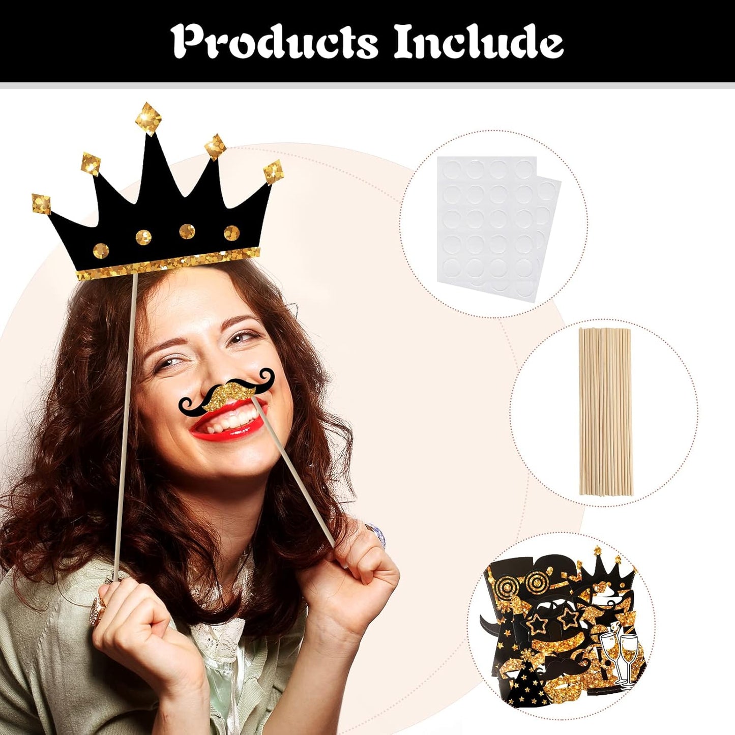 Zonon 24 Pieces Funny Photo Booth Props:Halloween,Christmas,Family Reunion, Class Reunion, Birthday, Weddings, Prom Disco Mardi Gras Party Supplies - Mix of Hats, Lipstick, Tie(Golden)