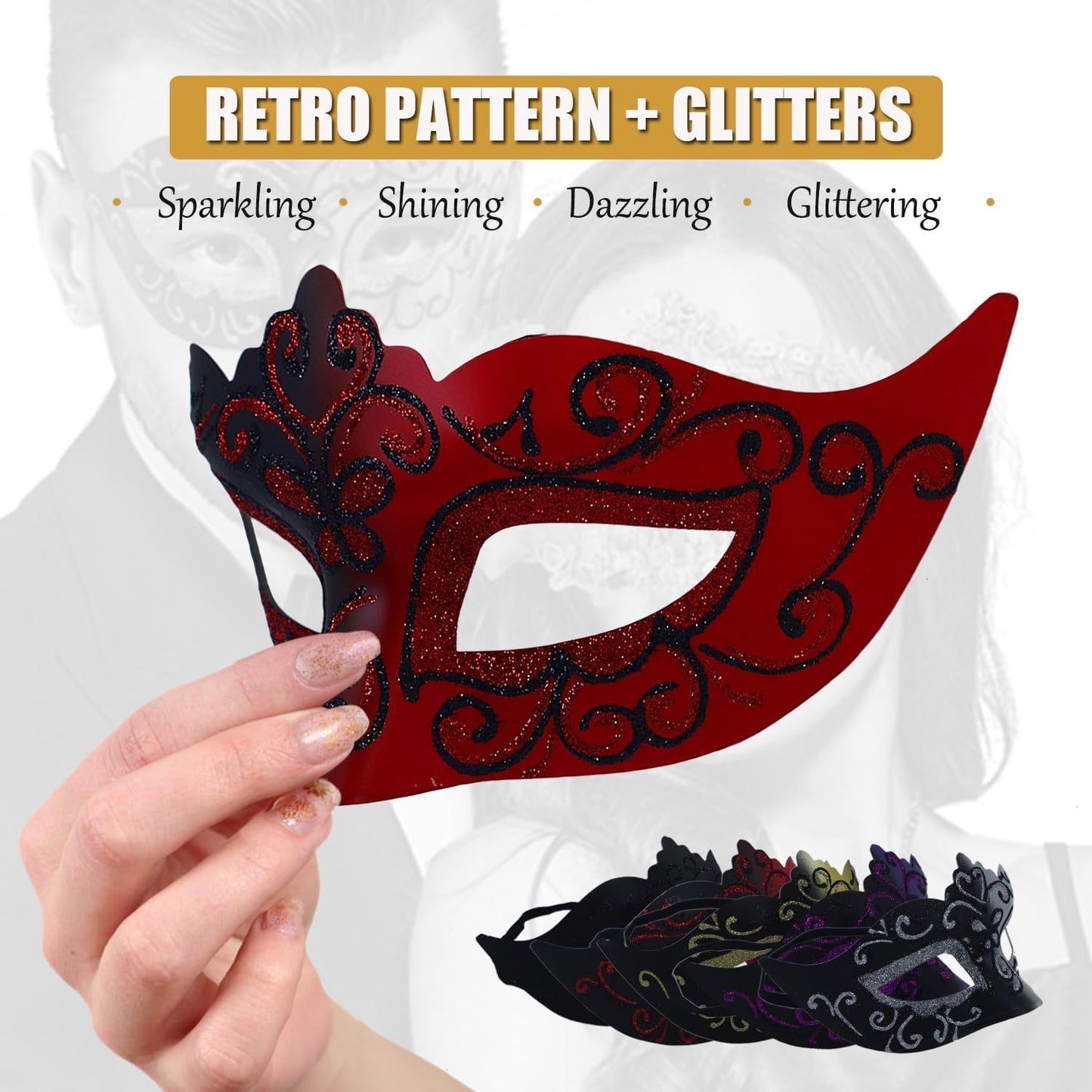 MYMENU Masquerade Mask for Women Couple Masquerade Mask for Men Shiny Venetian Mask Halloween Mask for Party Prom