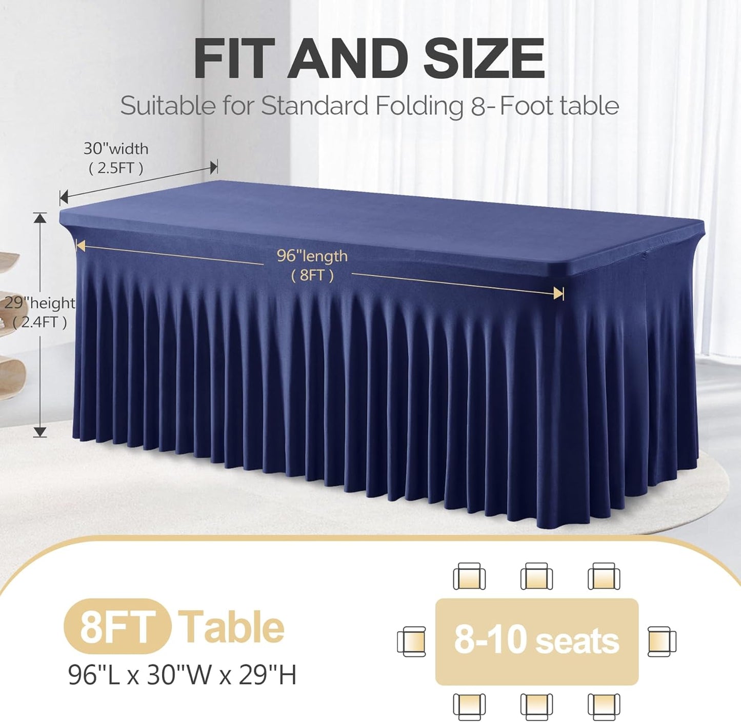 PARTISKY Navy Blue Spandex Tablecloth for 8ft Rectangle Tables, Stretchable Table Cover Skirt for Folding Tables Weddings Parties Banquets Events Trade Shows and Dessert Table