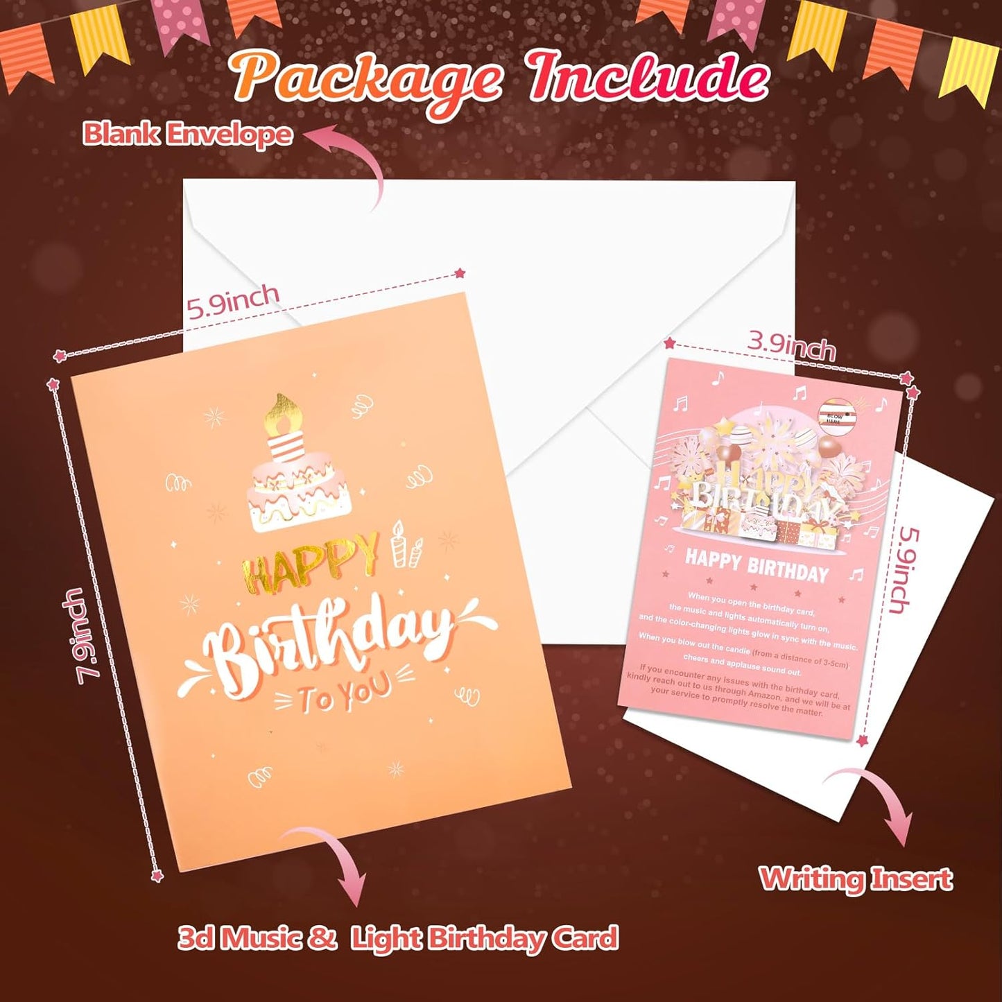 INPHER Birthday Cards for Women Pop Up Happy Birthday Card Blowable LED Candle Light and Music Birthday Gifts for Women Mom Wife Grandma Rose Gold