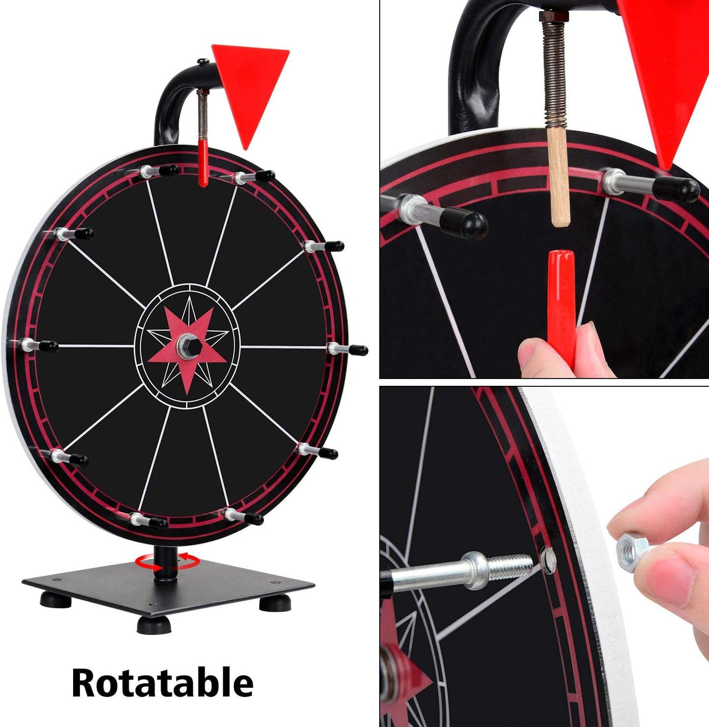 T-SIGN Spinning Wheel for Prizes, 10 Slots Black Prize Wheel with Eraser, 12 Inch Spin Wheel with Stand, Roulette Wheel for Tabletop - Wheel of Fortune Wheel Spinner for Carnival, Game Casino