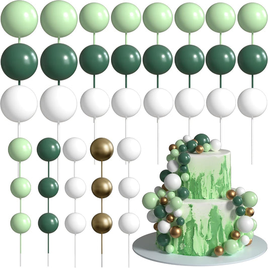 36 Pack Balls Cake Topper Decorations Foam Balloons Cake Decorations Sticks Mini Balloons Cake Toppers Balls Cake Picks for Baby Shower Wedding Anniversary Birthday Party Decorations Green White Gold