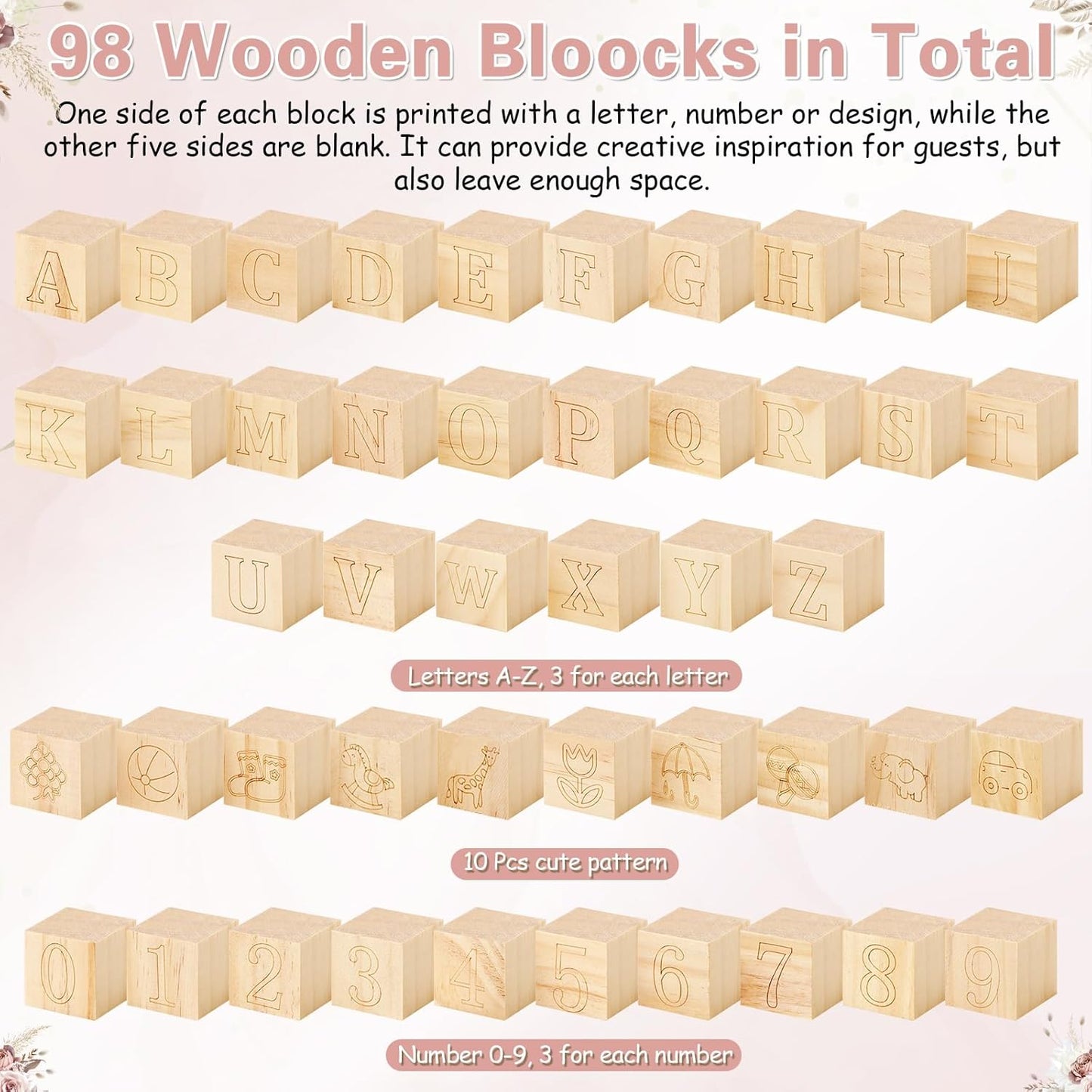 Marsui 136 Pcs Baby Shower Blocks to Decorate Game Kit Includes 98 Wooden Blocks, 36 Markers, 1 Game Sign, 1 Storage Box for Baby Shower Gender Reveal Activity Party Decorations(Floral)