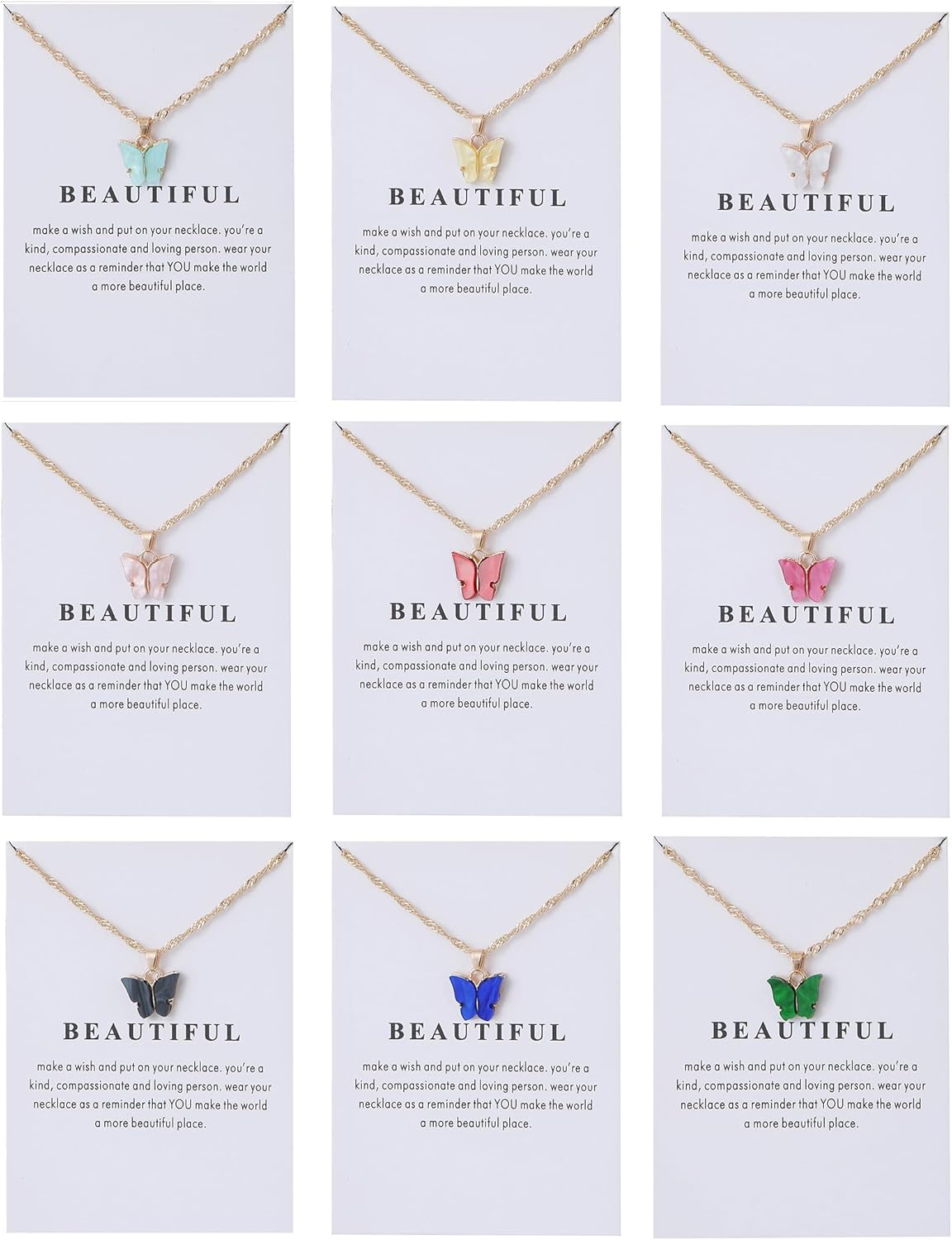 9 pcs Colorful Butterfly Pendant Necklace for Women Bohemian Acrylic Adjustable Retro Card Clavicle Chain Insect Animal Necklace Friend Friendship Party Jewelry Gift