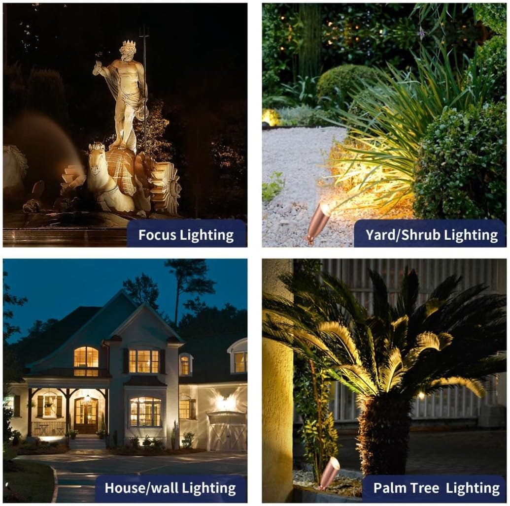 Gardenreet Brass Landscape Lighting - Low Voltage Spotlights Outdoor LED, 12V Wired Uplights, Waterproof Spot Lights, Copper for Outside Trees Without MR16 Bulb (4 Pack)