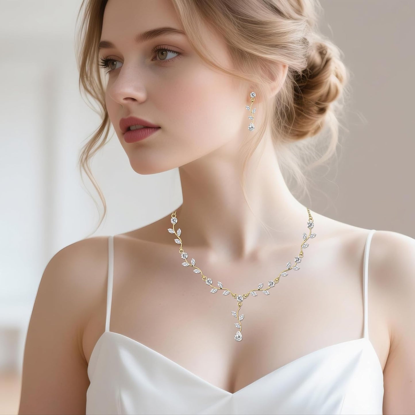 Elegant Bridal Jewelry Sets for Wedding Bride Leaf Shape Cubic Zirconia Necklace Earrings Bracelet Set Prom Costume Accessories