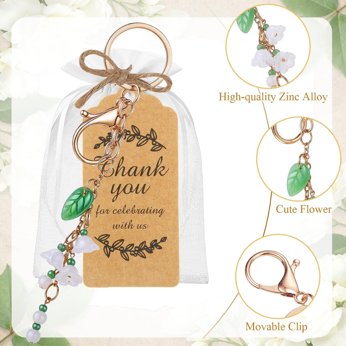 20 Set Christmas Flower Keychain Party Favor Lily of The Valley Keychain Thank You Keyring Gifts with Kraft Tags Organza Bag for Guests Souvenir Baby Shower Wedding Bridal