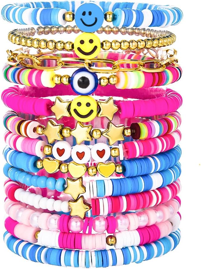 Friendship Bracelets Boho Stackable Bracelets for Women Surfer Heishi Clay Bead Bracelets Stretch Preppy Bracelets Colorful Boho Bracelets for Women