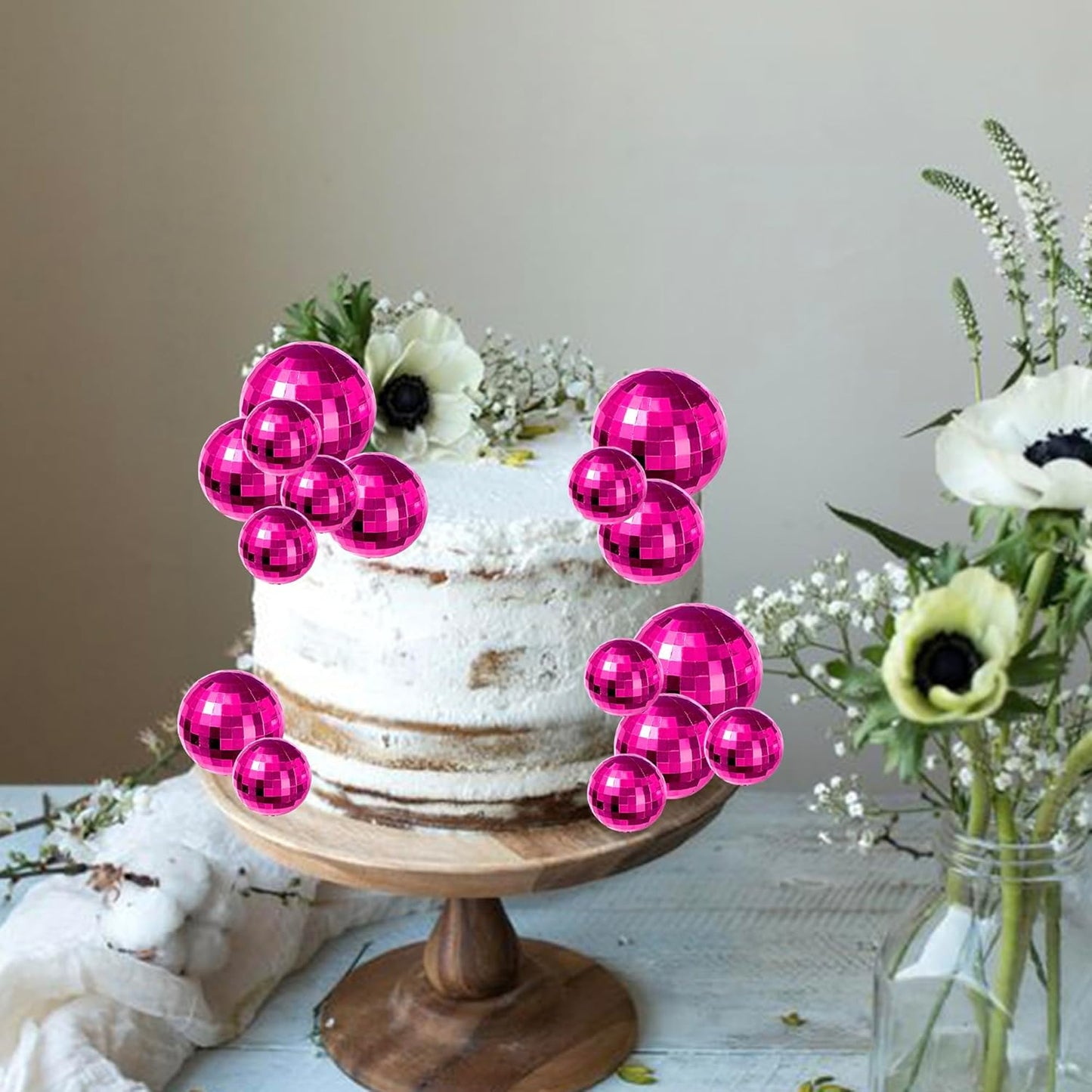24 PCS Disco Ball Cupcake Toppers Christmas Disco Balls Cake Decorations Glitter Foam Ball DIY Balloons Cake Topper Decoration for Disco Theme Baby Shower Birthday Christmas Party Supplies Rose Red