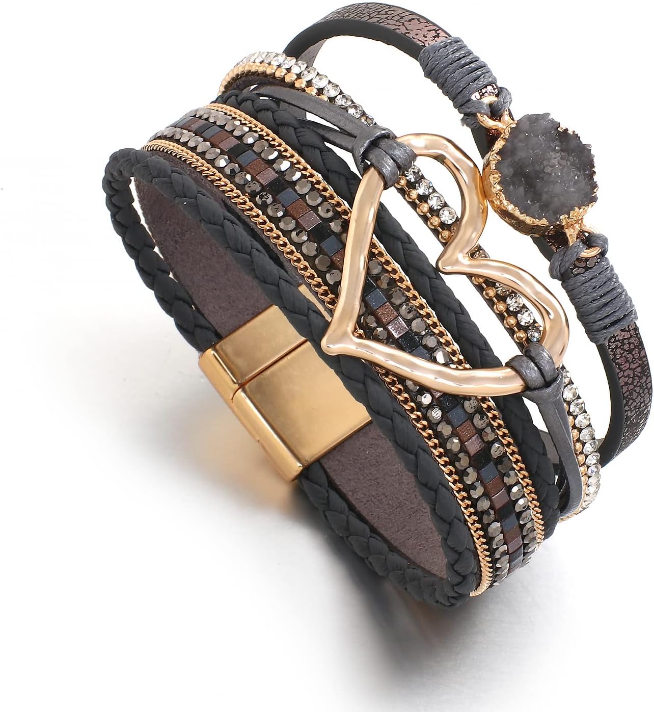 Leather Wrap Bracelet for Women Beaded Cuff Bracelet with Heart-shape Decor Bohemian Crystal Bracelet Jewelry with Clasp Bangle Bracelet for Women Girls Birthday Holiday Gift