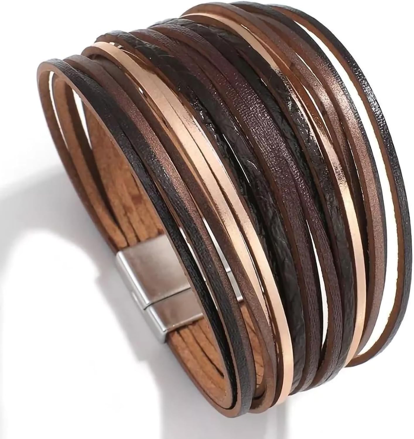 Fesciory Leather Wrap Bracelets for Women, Boho Leopard Multi-Layer Crystal Beads Cuff Bracelet Jewelry