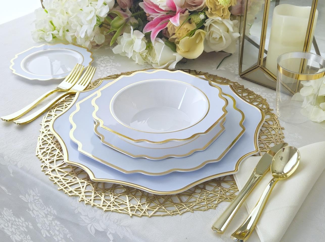 " OCCASIONS " 80 Plates Pack,(40 Guests) Heavyweight Wedding Party Disposable Plastic Plates Set -40 x 10.5'' Dinner + 40 x 8'' Salad/Dessert Plate (Imperial in White/Blue & Gold)