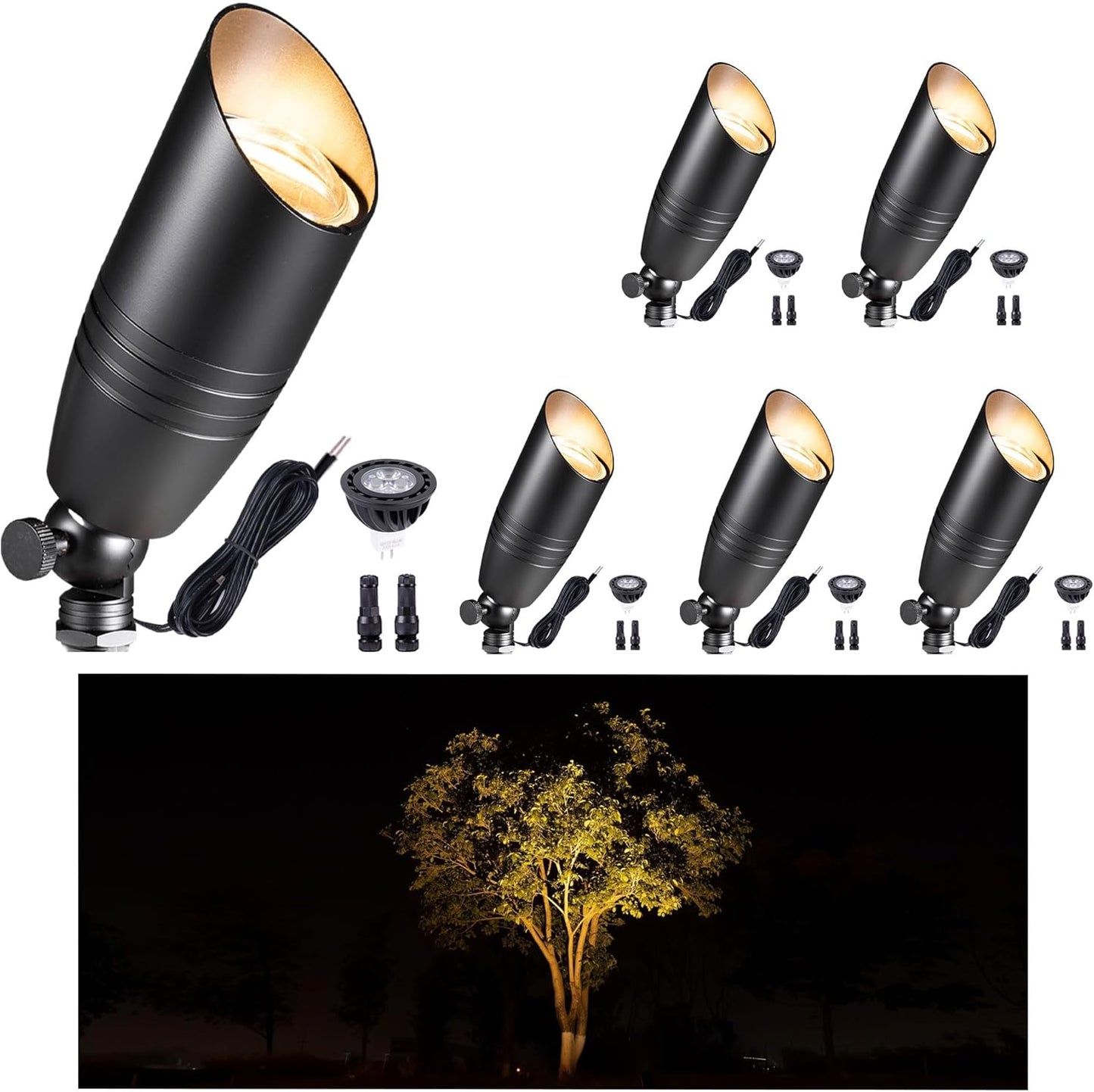 Gardenreet Low Voltage Spot Lights - Black Solid Brass Landscape Spotlight Wired, 12V Outdoor LED Bullet Uplights, Waterproof Electric for Patio Wall with 2700K Warm White MR16 Bulb (6 Pack)