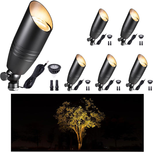 Gardenreet Low Voltage Spot Lights - Black Solid Brass Landscape Spotlight Wired, 12V Outdoor LED Bullet Uplights, Waterproof Electric for Patio Wall with 2700K Warm White MR16 Bulb (6 Pack)