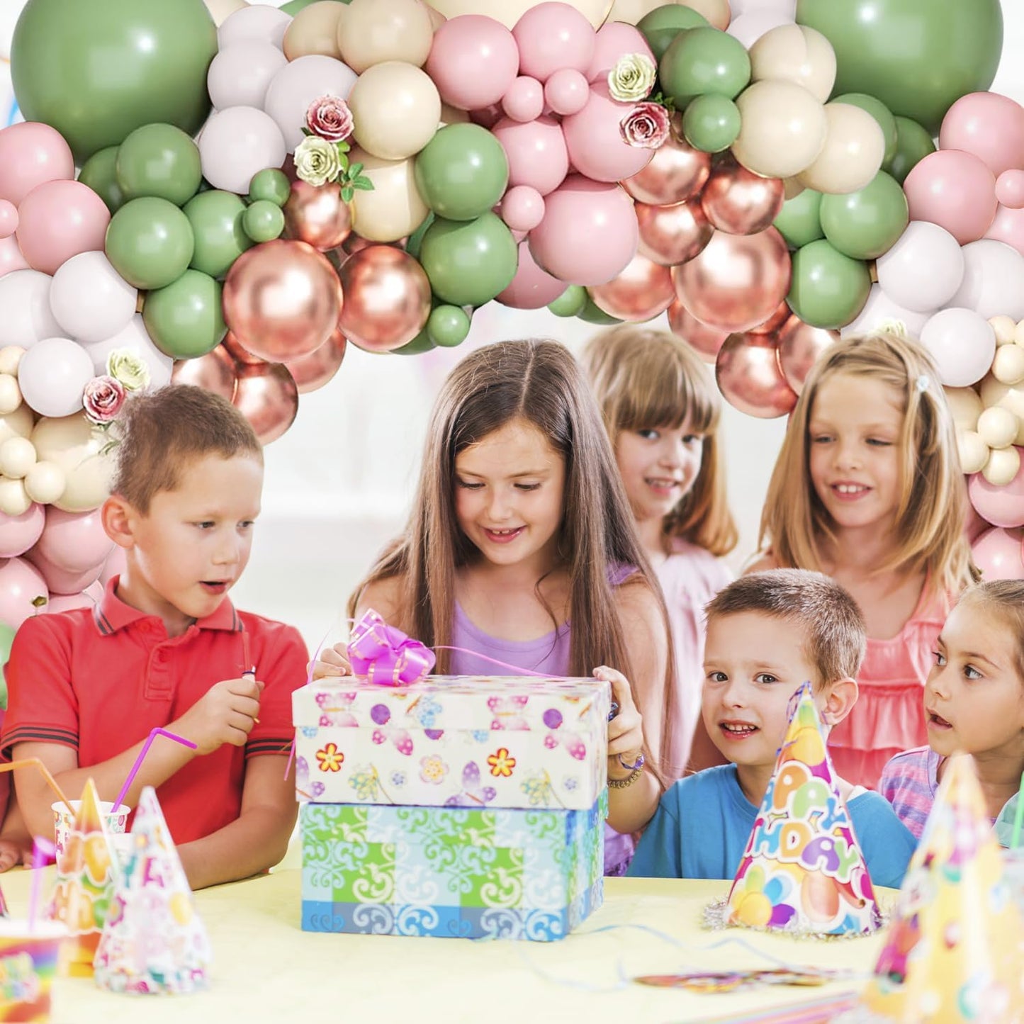 Sage Green Pink Balloon Arch Kit, Olive Green Baby Pink Sand White Balloons with Rose Gold Metallic Latex Balloons for Girl Birthday Wedding Bride Shower Party Decorations