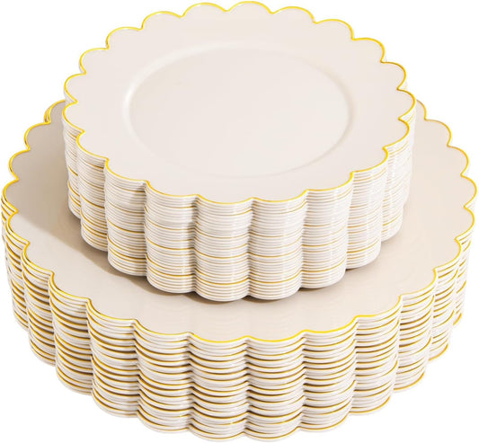 LIYH 60 Pcs Ivory and Gold Scalloped Plastic Plates - Disposable Fancy Combo Plates Includes 30 Dinner Plate 10.25" and 30 Dessert Plate 7.5" Plastic Heavy Weight Party Tableware Dishes